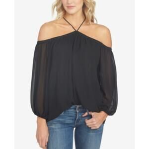 1. State Womens Cold Shoulder Top Small Black Chiffon Long Sleeve NWOT